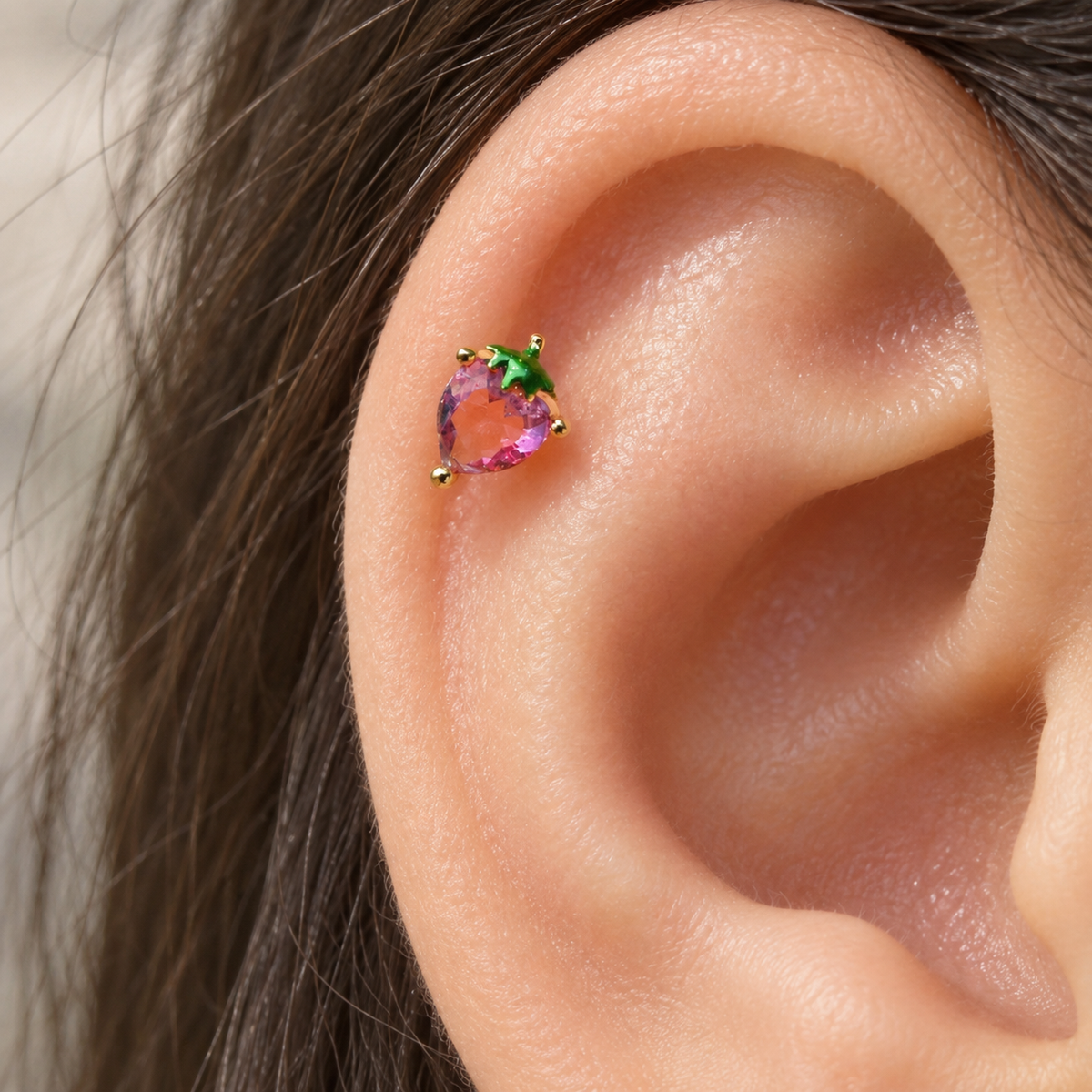 Heart Strawberry Piercing Stud, 7mm, Gold or Silver, Single