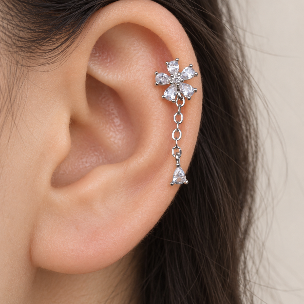 Flower Ear Chain Earring, Gold or Silver, Single