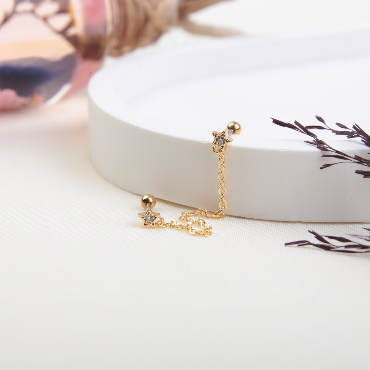 Star Ear Chain Earring, 18G, 7mm, Gold or Silver, Single