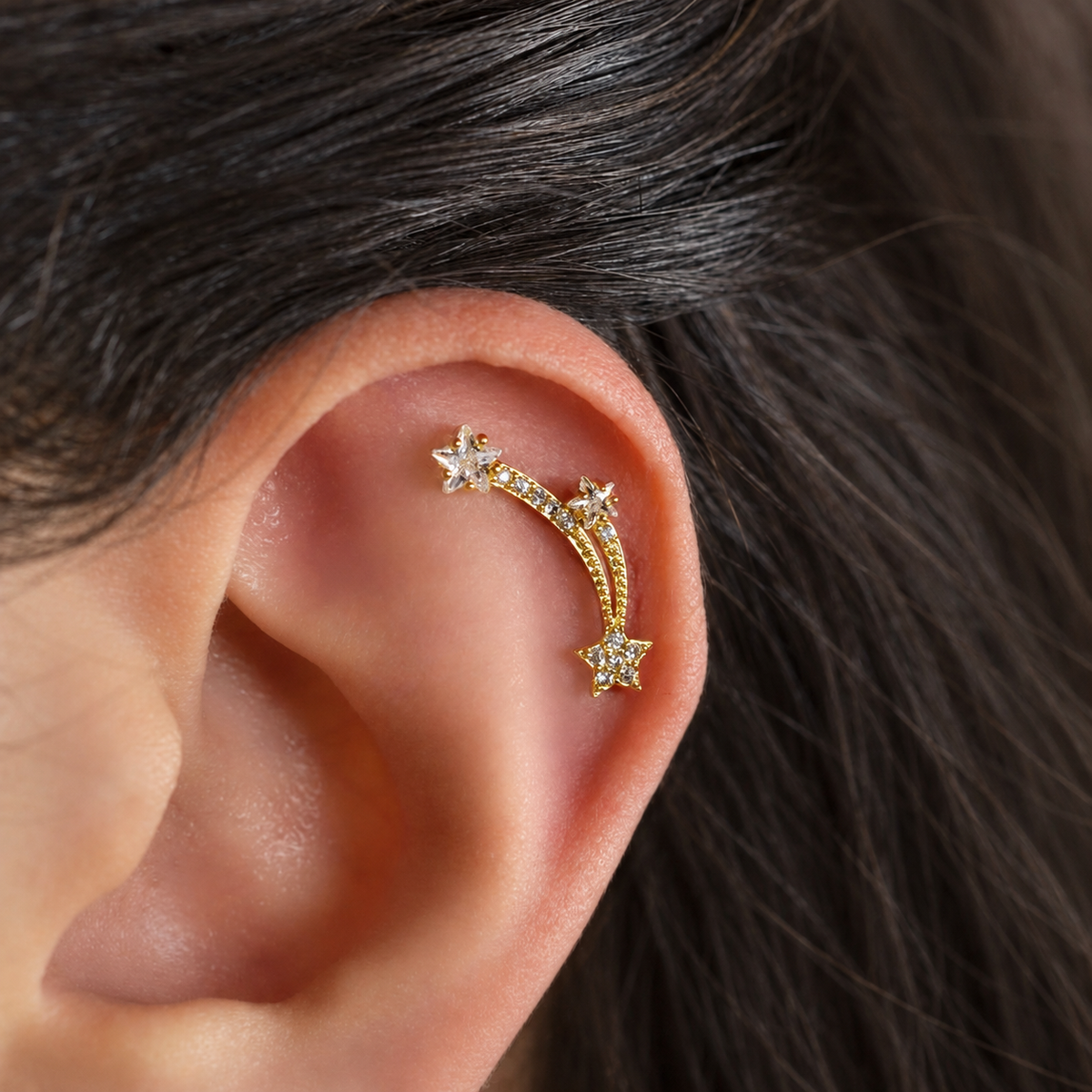 Shooting Star Cartilage Earring for Helix & Tragus, Gold, Single - worn on an ear