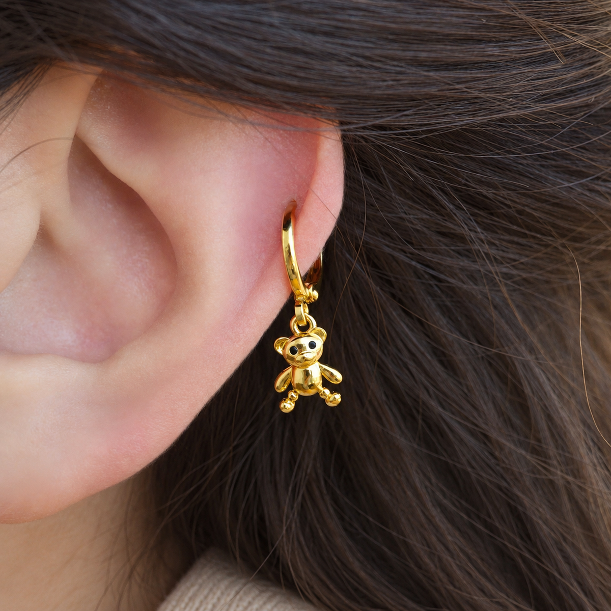 Gold Teddy Bear Cartilage Hoop Earring for Helix & Tragus, Single