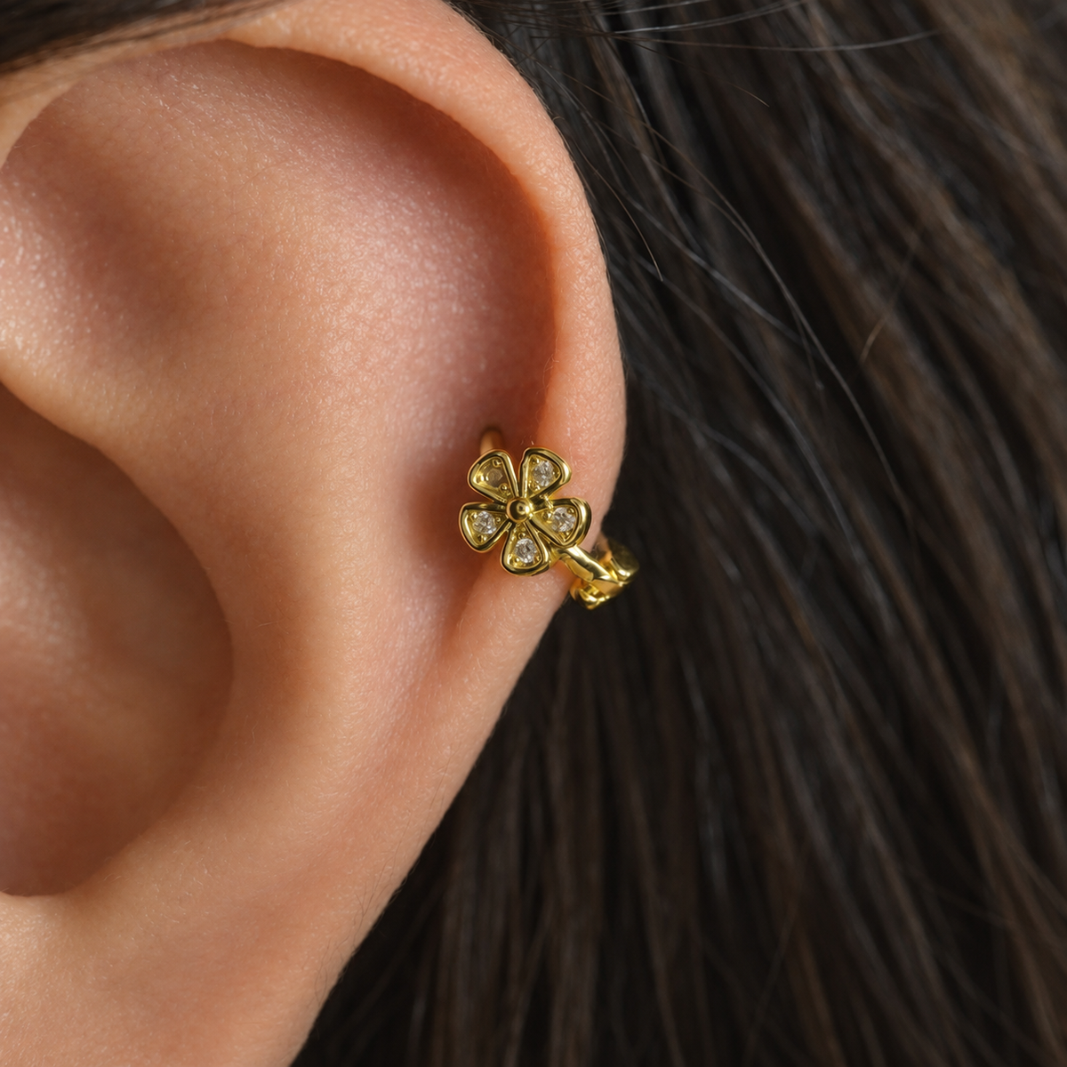 Gold Flower Cartilage Earring for Helix & Tragus, Single