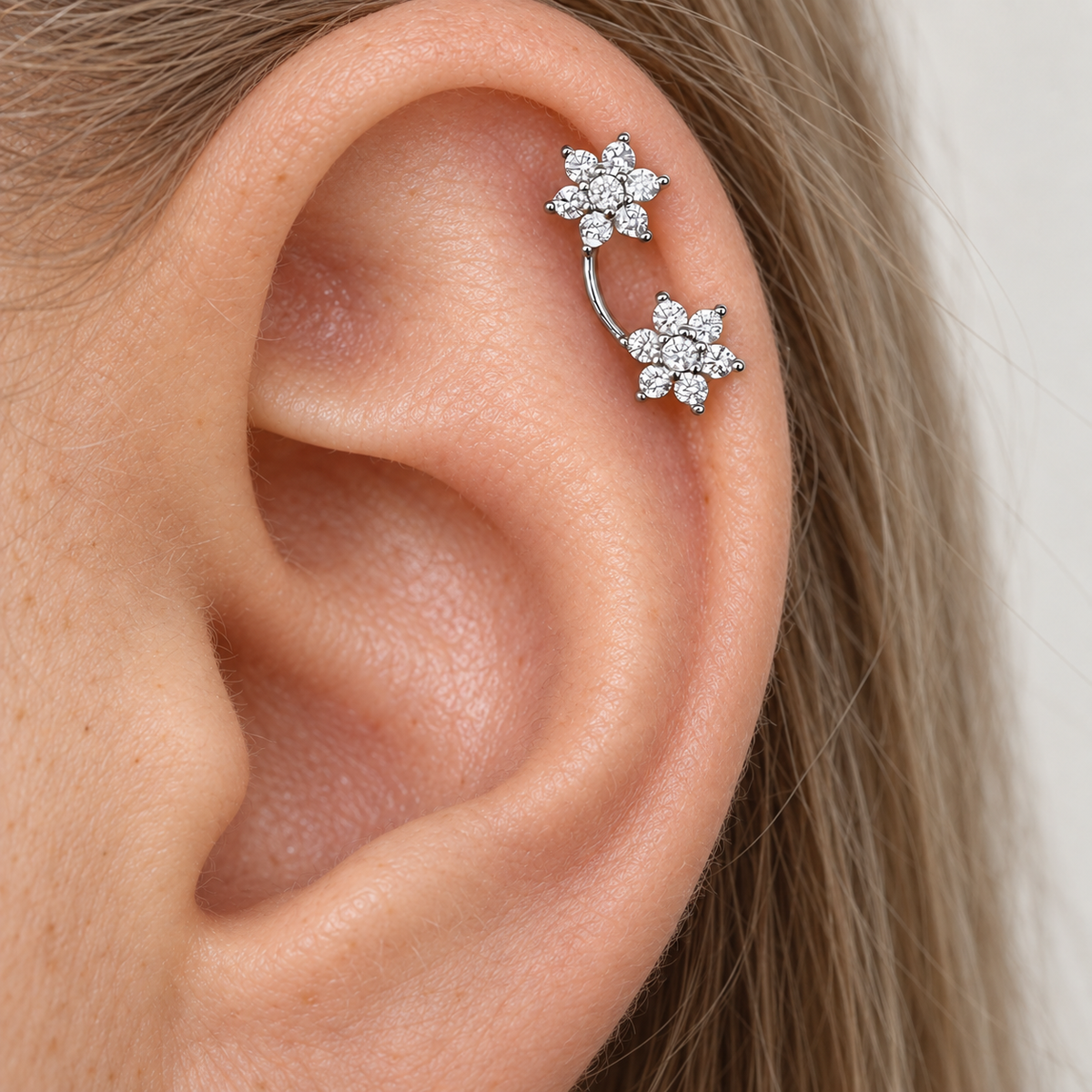 Double Flower Piercing Stud, 18G, 7mm, Gold or Silver, Single