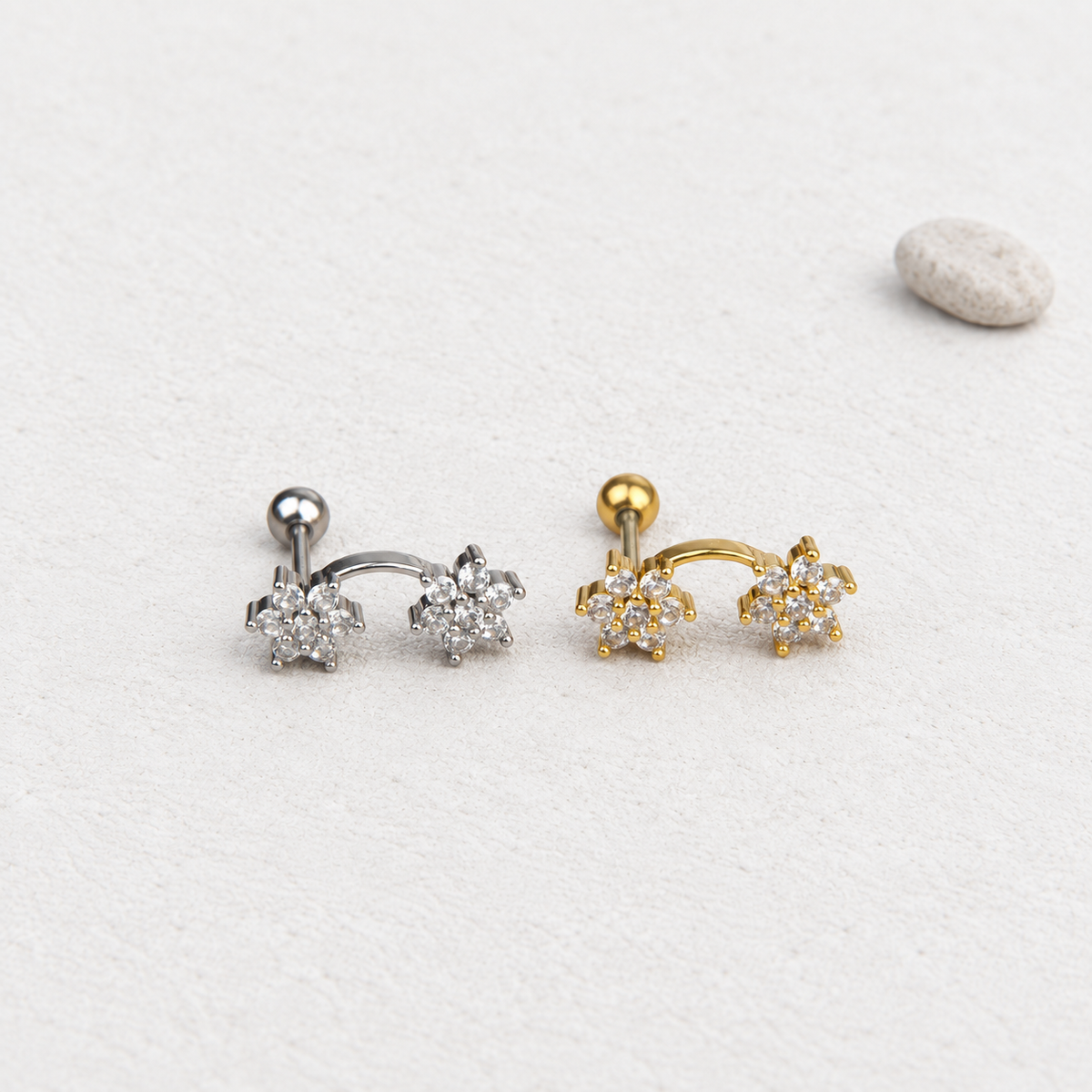 Double Flower Piercing Stud, 18G, 7mm, Gold or Silver, Single