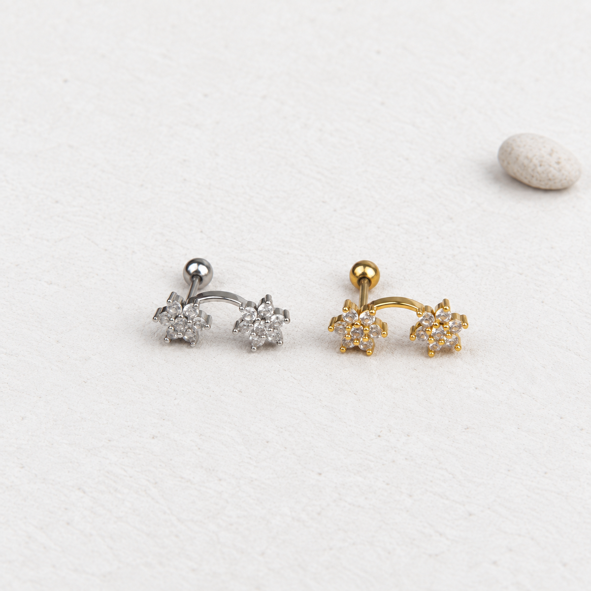 Double Flower Piercing Stud, 18G, 7mm, Gold or Silver, Single
