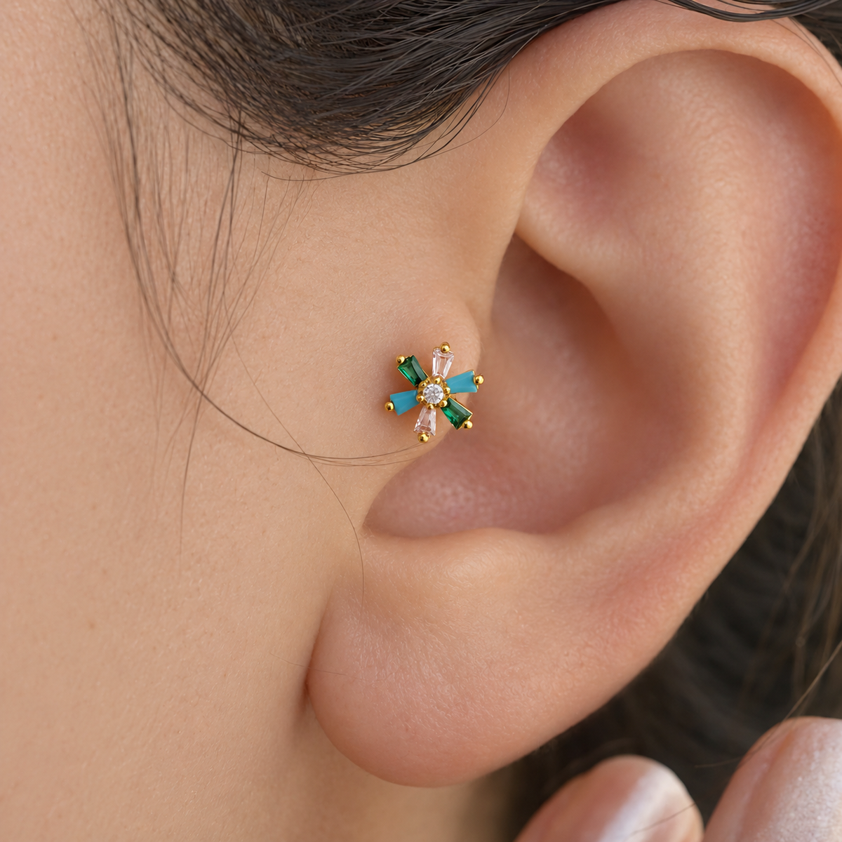 Flower Piercing Stud, 16G, 8mm, Gold or Silver, Single