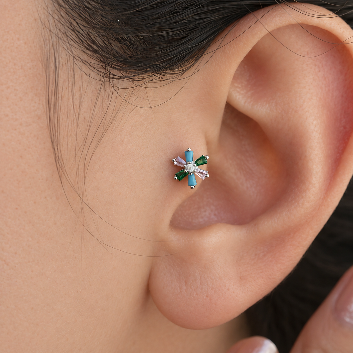 Flower Piercing Stud, 16G, 8mm, Gold or Silver, Single
