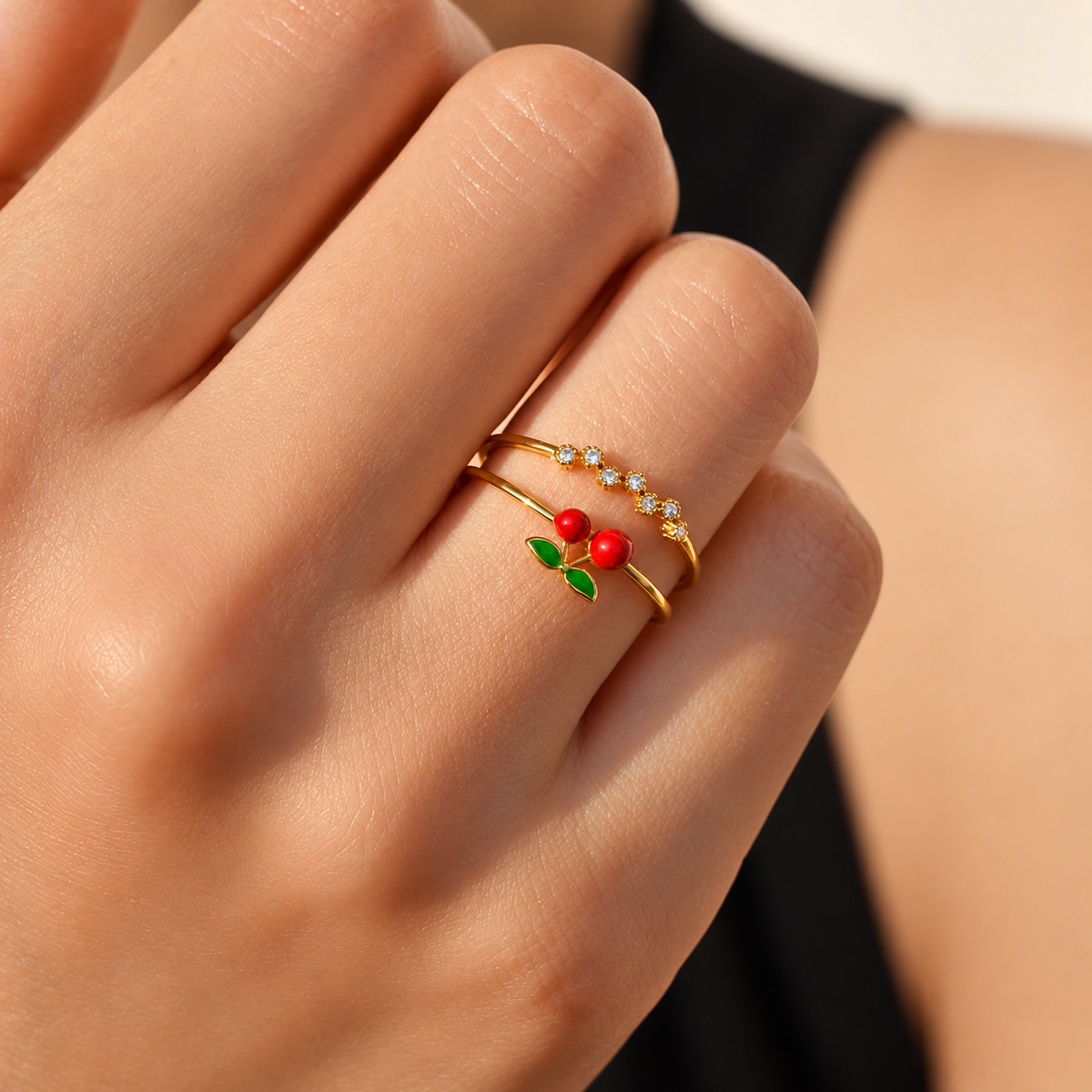 Cherry Zircon Adjustable Ring, Gold or Silver, Single
