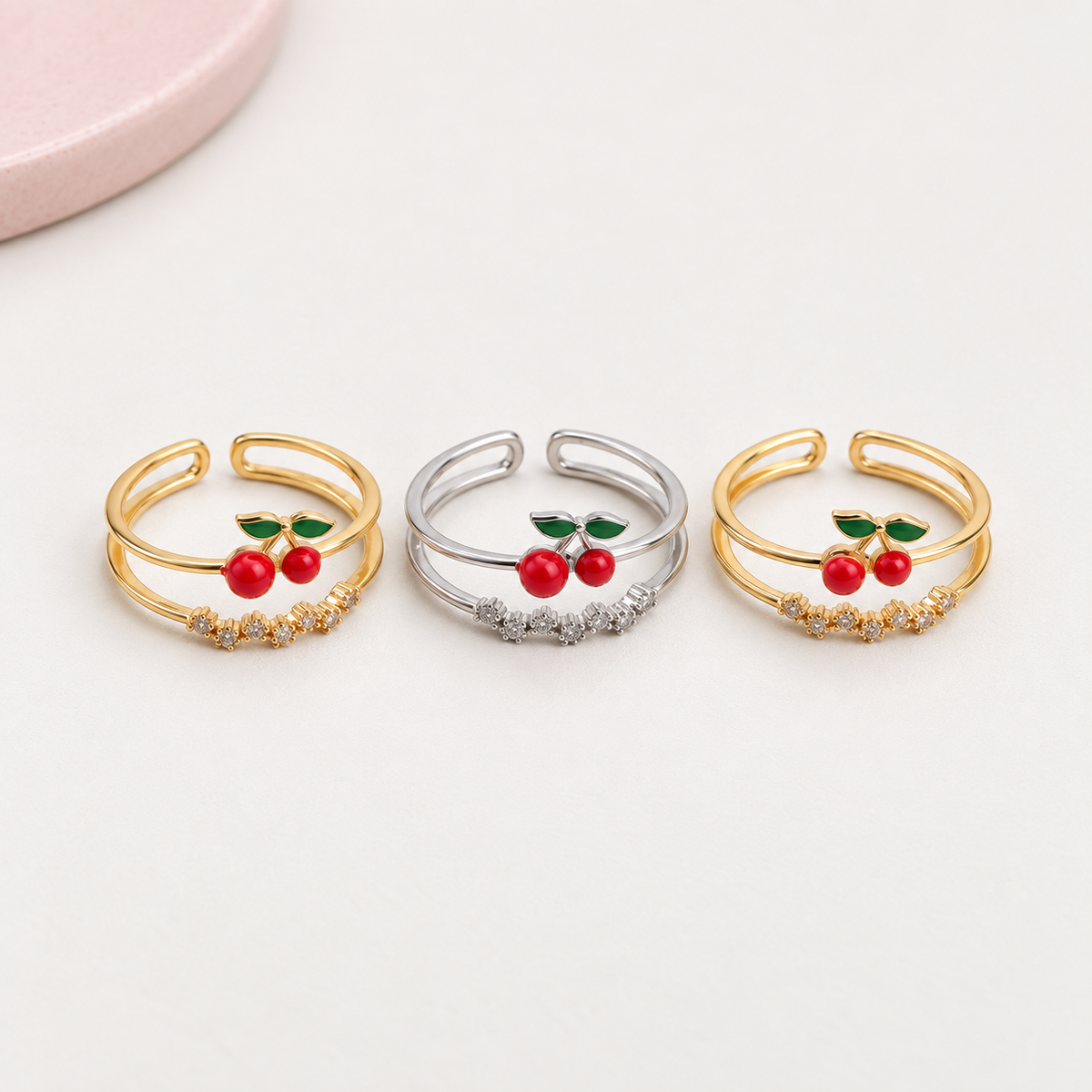 Cherry Zircon Adjustable Ring, Gold or Silver, Single