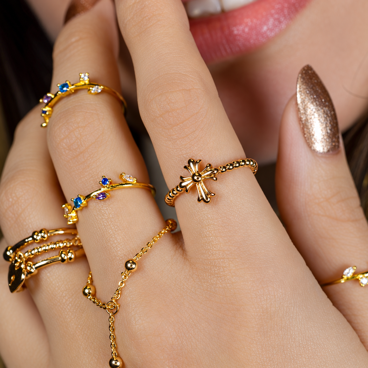 Cross Adjustable Ring, Gold, Single