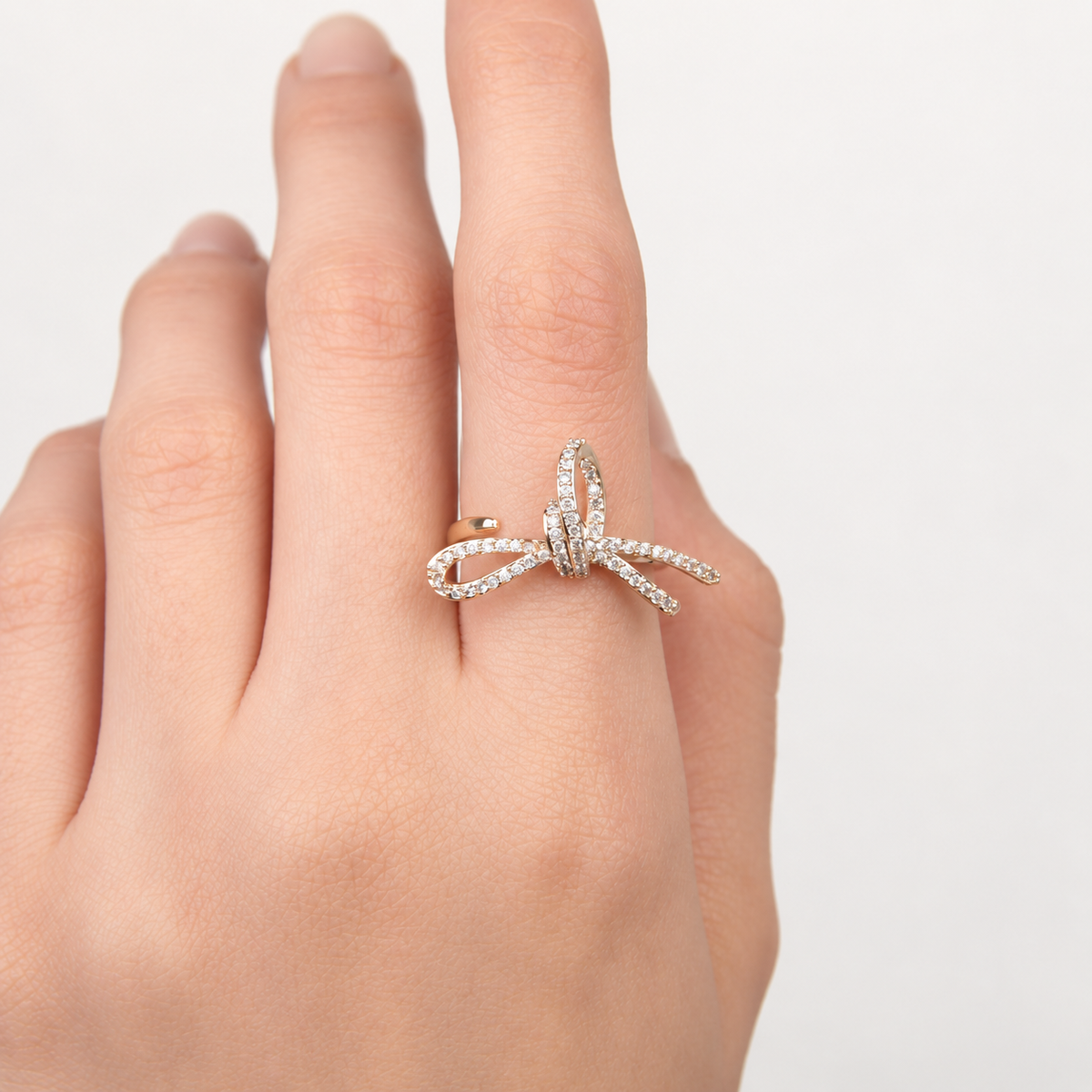 Bow Zircon Adjustable Ring, 16-20mm, Gold or Silver, Single