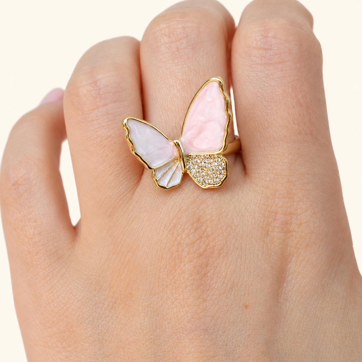 Butterfly Zircon Adjustable Ring, 16-20mm, White, Pink or Blue, Single