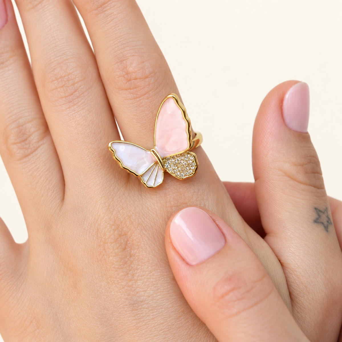 Butterfly Zircon Adjustable Ring, 16-20mm, White, Pink or Blue, Single