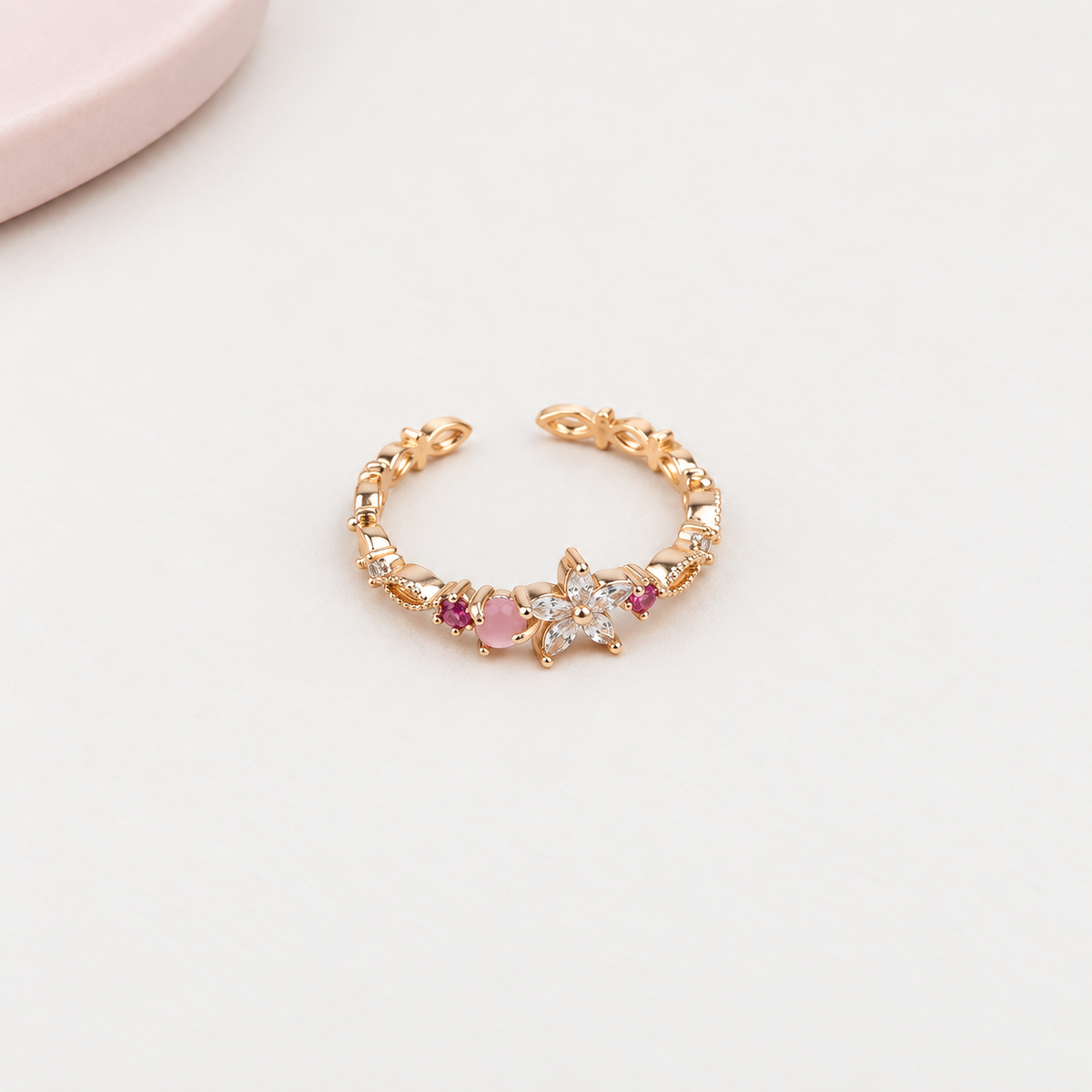 Gold or Silver Flower Adjustable Ring, Zircon Knuckle Ring, Single