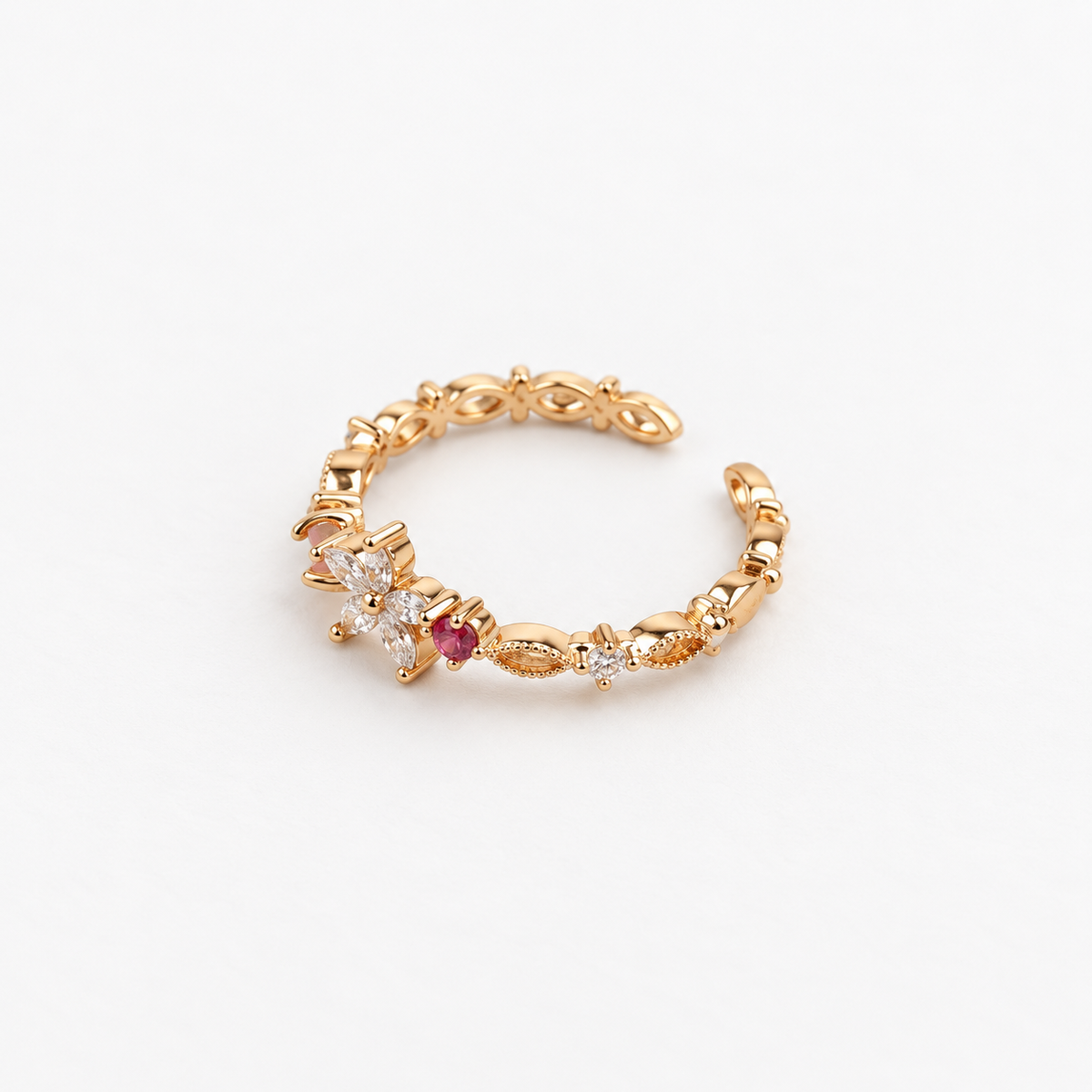 Gold or Silver Flower Adjustable Ring, Zircon Knuckle Ring, Single