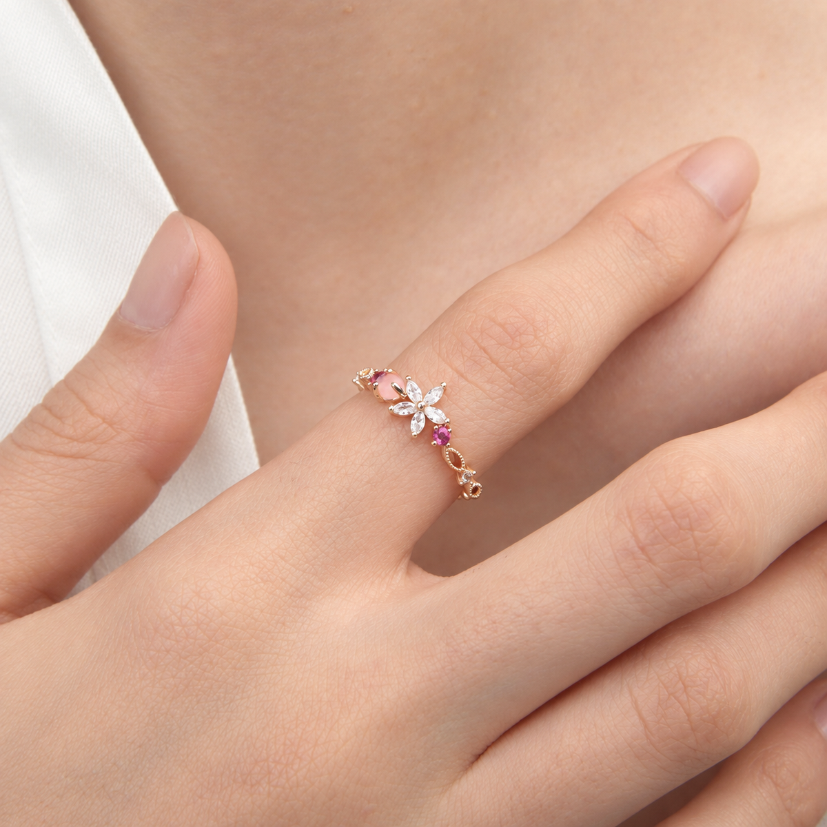 Gold or Silver Flower Adjustable Ring, Zircon Knuckle Ring, Single