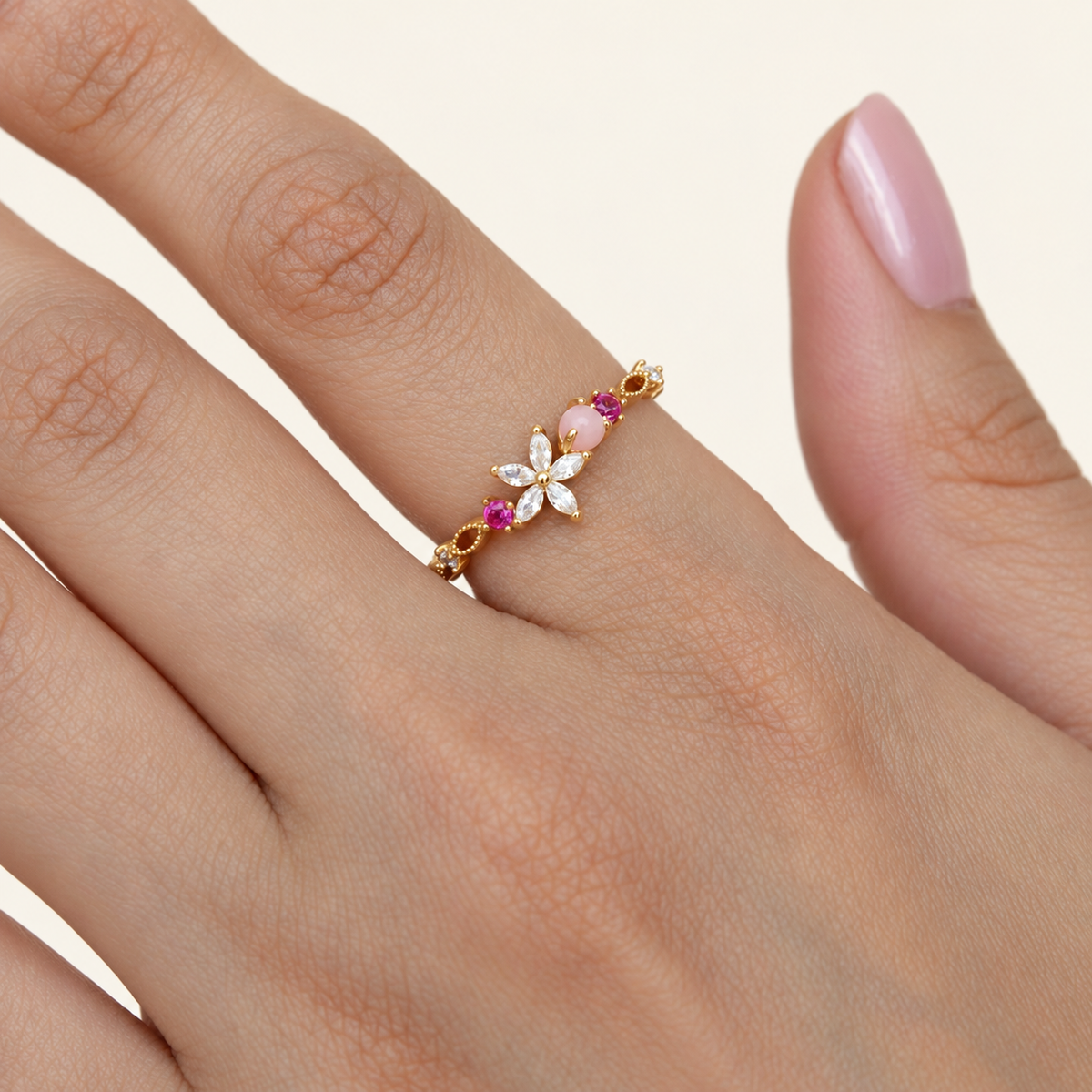 Gold or Silver Flower Adjustable Ring, Zircon Knuckle Ring, Single