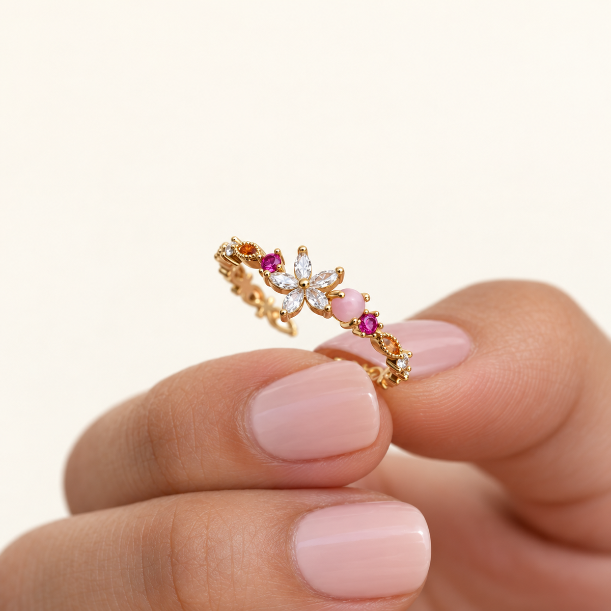 Gold or Silver Flower Adjustable Ring, Zircon Knuckle Ring, Single