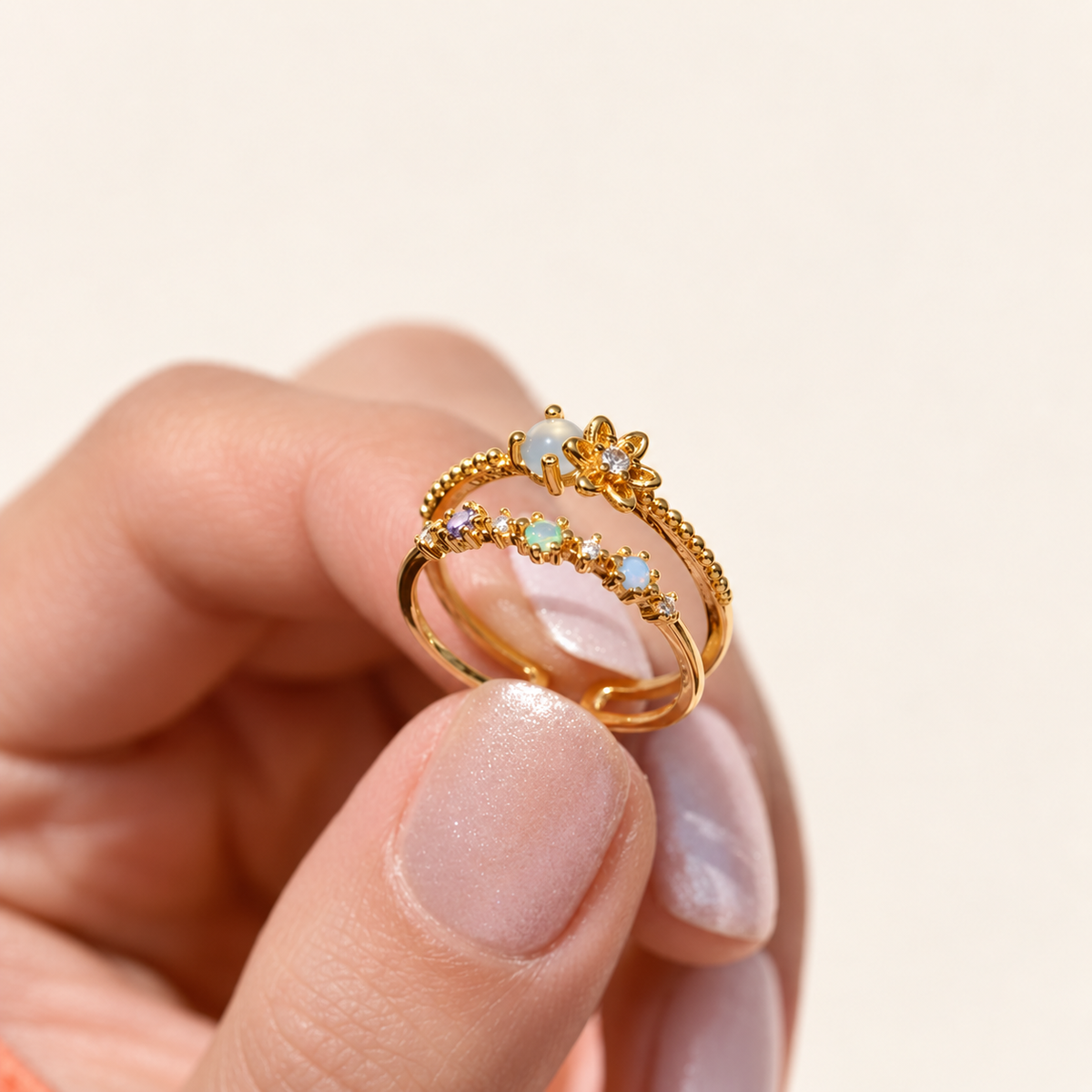 Flower Zircon Adjustable Ring, Gold or Silver, Single