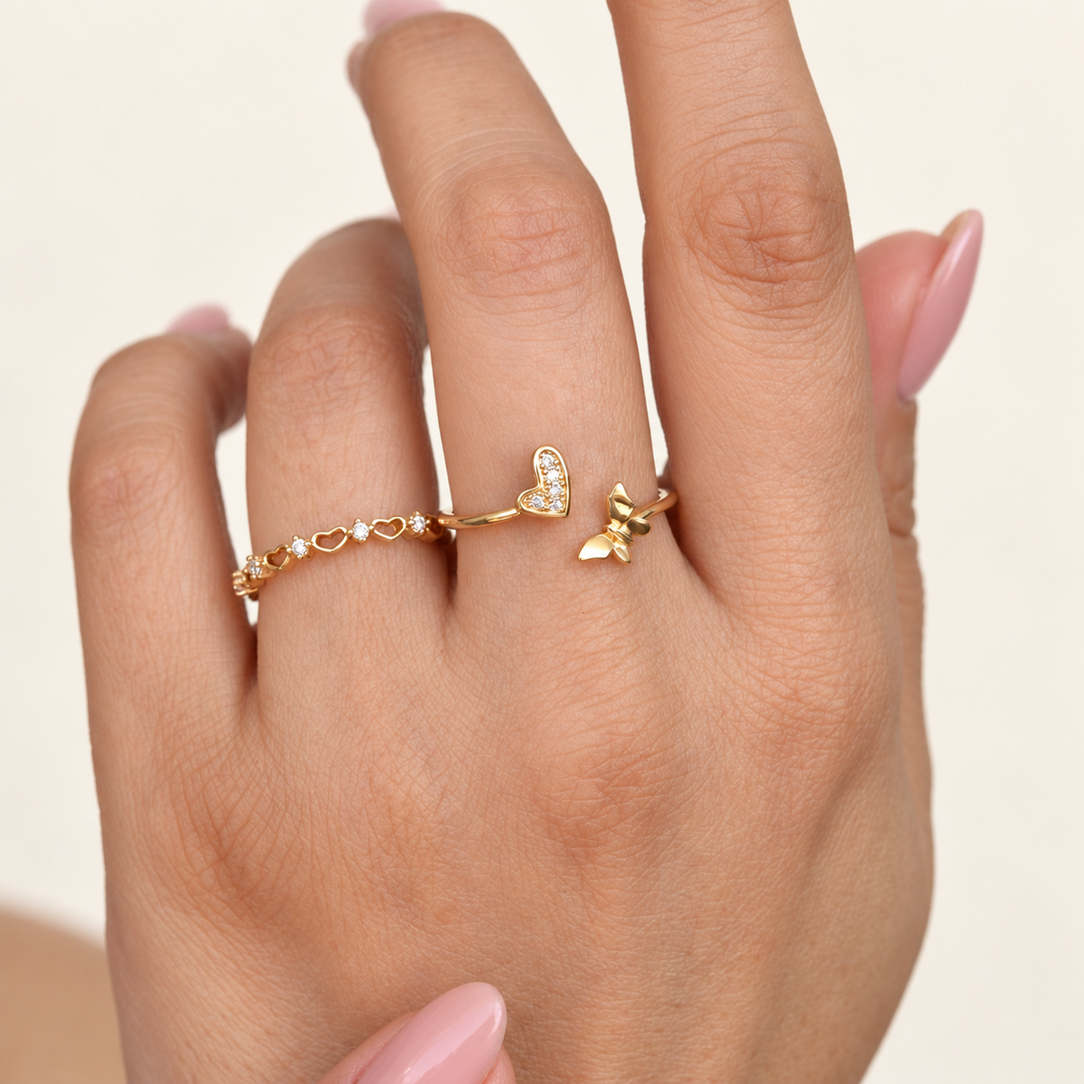 Heart & Butterfly Zircon Adjustable Ring Set, Gold or Silver, Set of 2