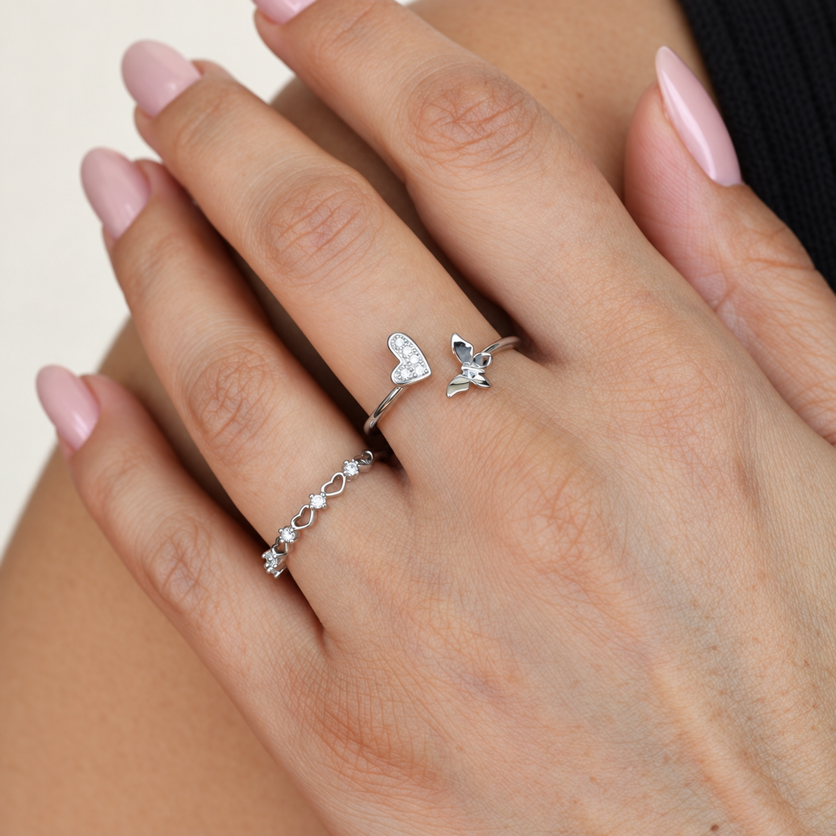 Heart & Butterfly Zircon Adjustable Ring Set, Gold or Silver, Set of 2