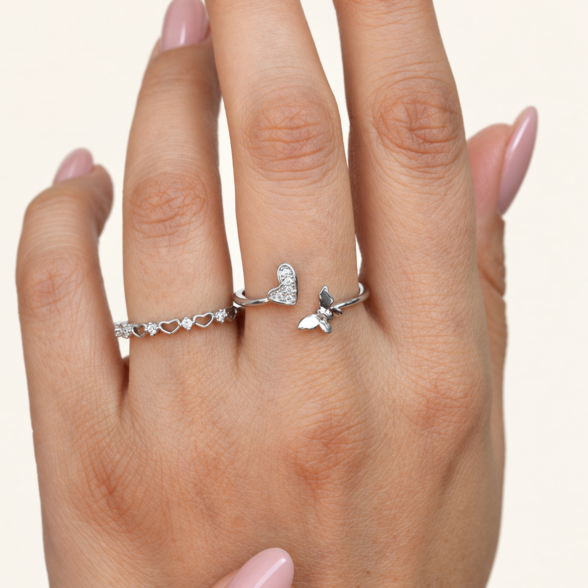 Heart & Butterfly Zircon Adjustable Ring Set, Gold or Silver, Set of 2