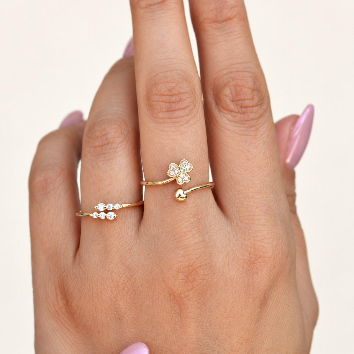 Zircon Adjustable Ring Set, 17mm to 20mm, Gold or Silver, Set of 2