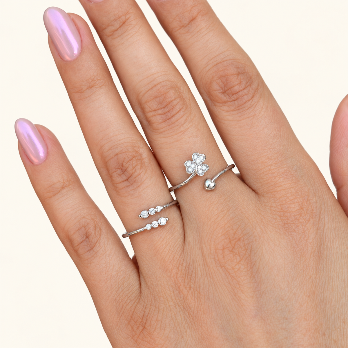 Zircon Adjustable Ring Set, 17mm to 20mm, Gold or Silver, Set of 2
