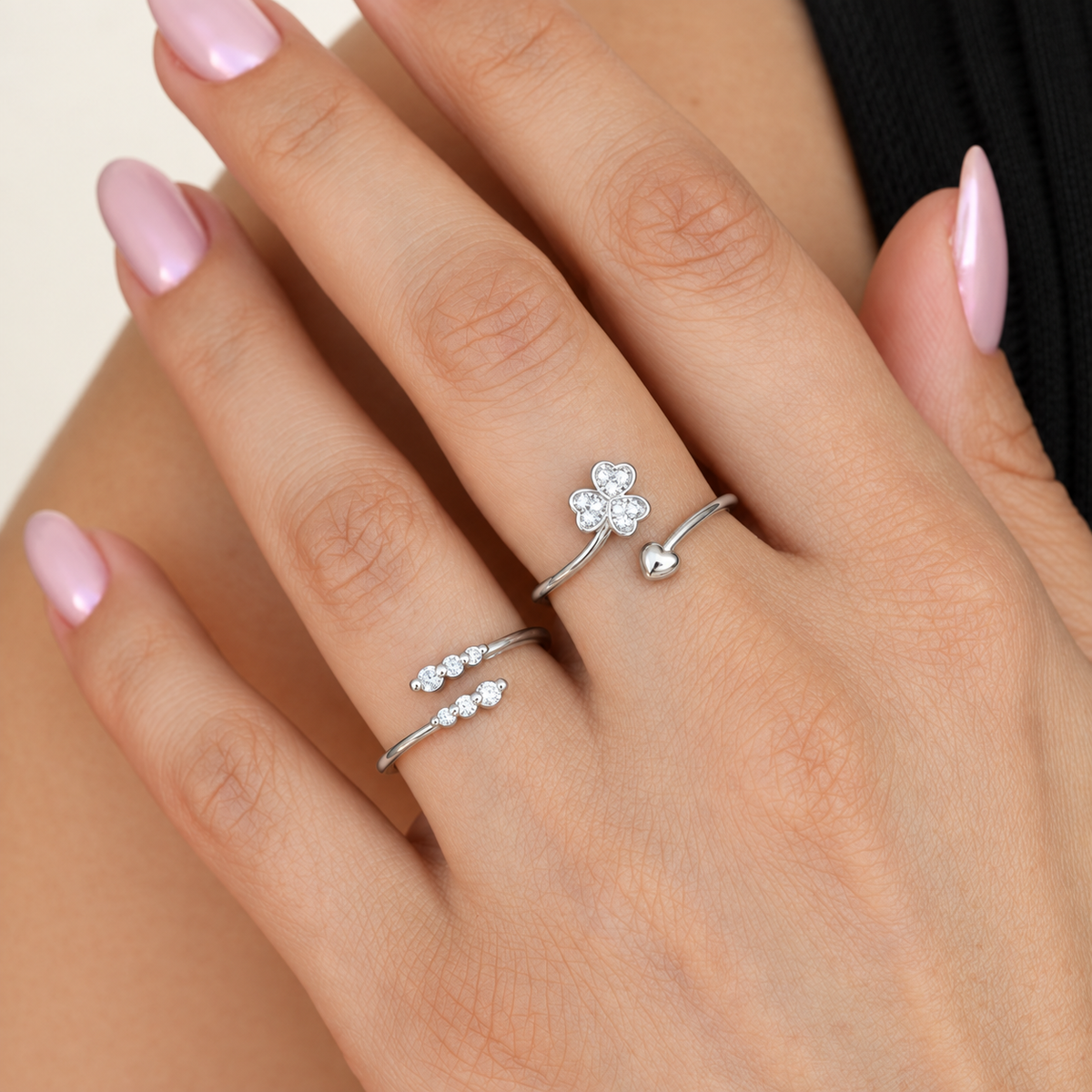 Zircon Adjustable Ring Set, 17mm to 20mm, Gold or Silver, Set of 2