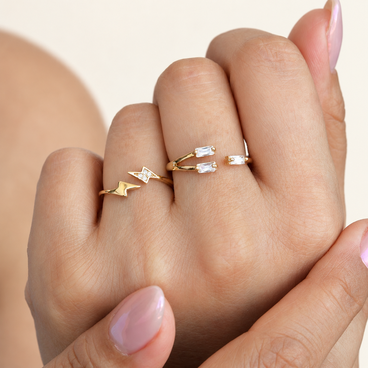 Lightning and Baguette Adjustable Ring Set, 16mm to 20mm, Gold or Silver, Set of 2