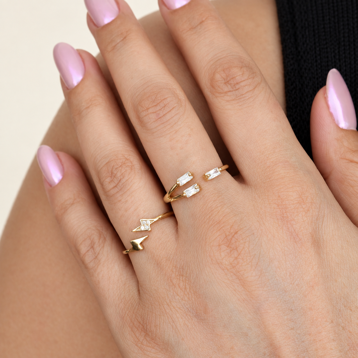 Lightning and Baguette Adjustable Ring Set, 16mm to 20mm, Gold or Silver, Set of 2