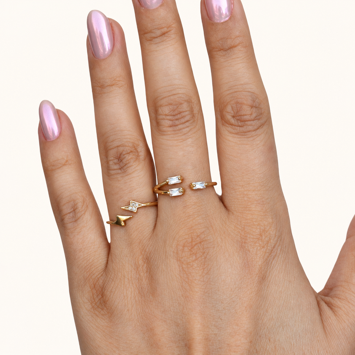 Lightning and Baguette Adjustable Ring Set, 16mm to 20mm, Gold or Silver, Set of 2