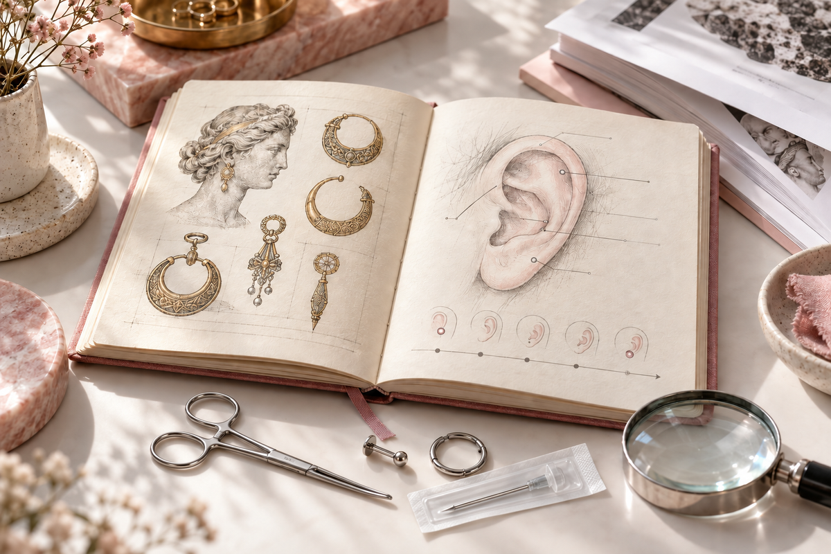 Toku Journal cover with piercing history drawings, ear anatomy sketch, jewellery, a stainless steel clamp and sterile packaged needle
