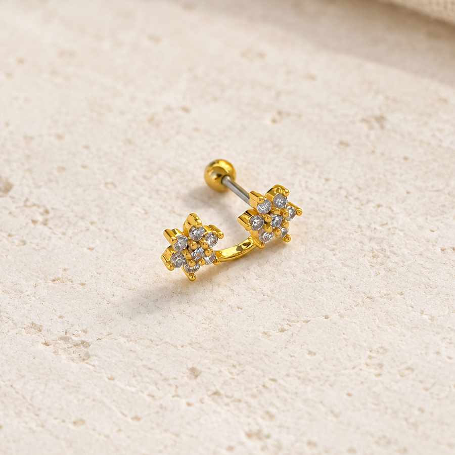 Double Flower Piercing Stud, 18G, 7mm, Gold or Silver, Single