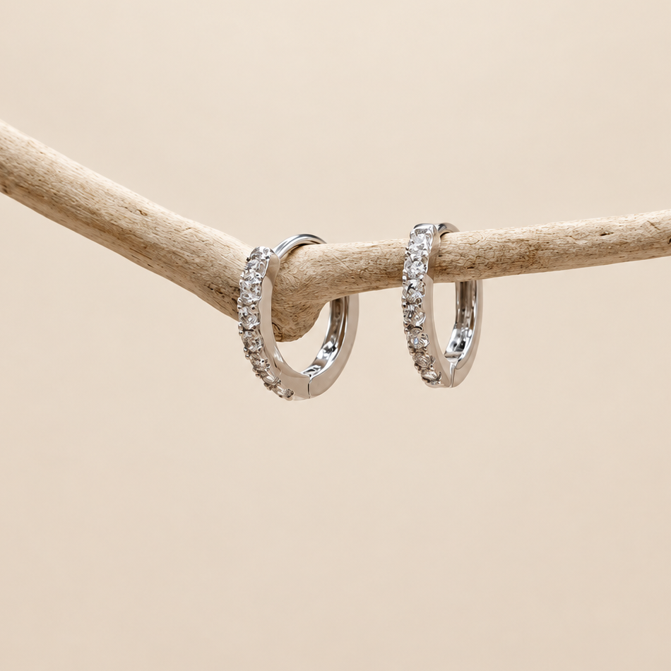 Two silver-tone hoop earrings with clear stones along the fronts, hanging from a curved branch.