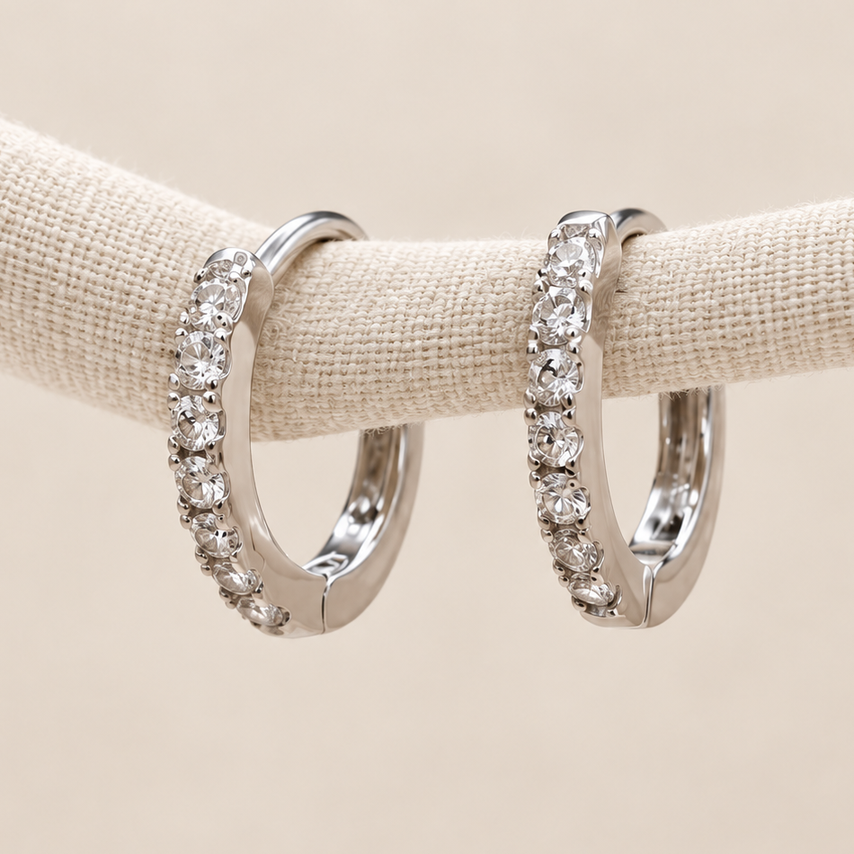 Zircon Hoop Earrings, 15mm, Silver, Pair