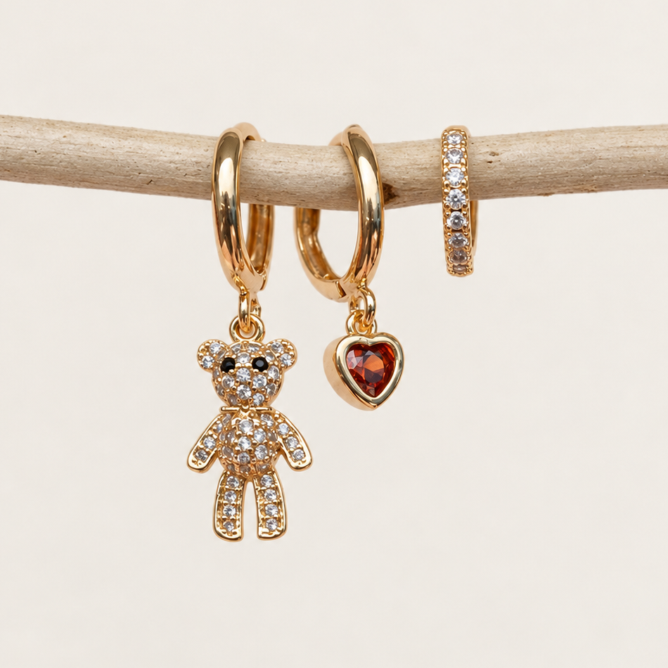 Teddy Bear and Heart Earring Set, 8mm, 10mm & 11mm, Gold or Silver, Set of 3