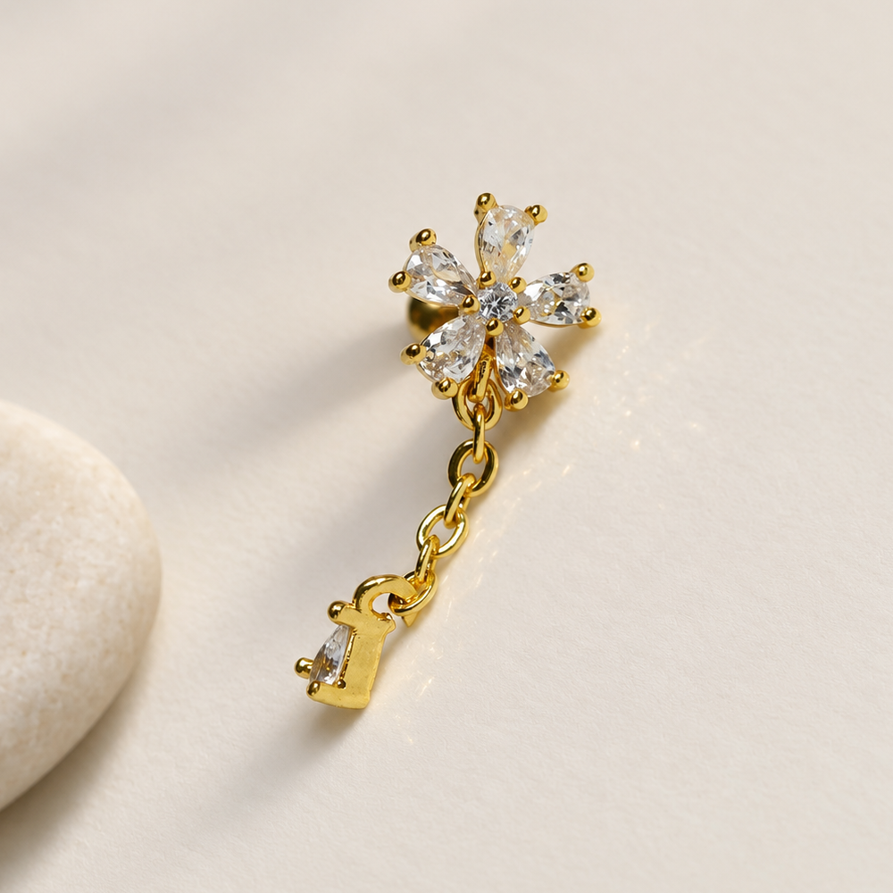 Flower Ear Chain Earring, Gold or Silver, Single