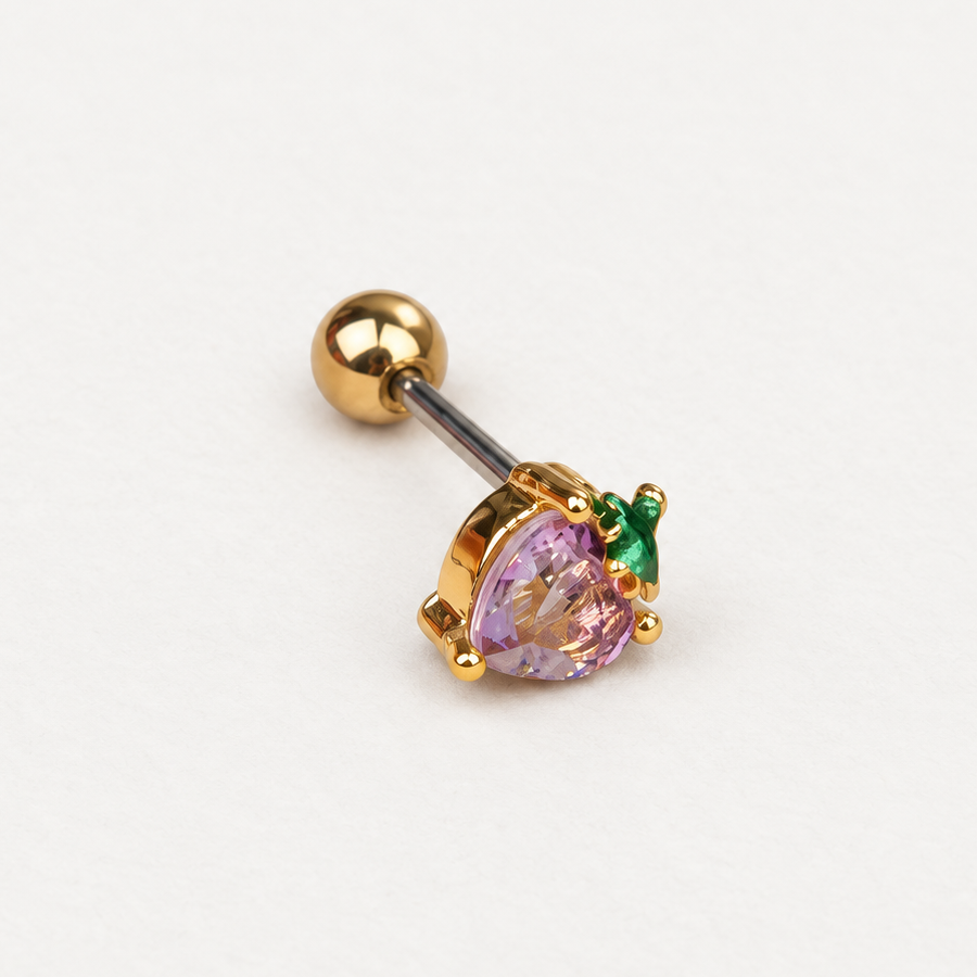 Heart Strawberry Piercing Stud, 7mm, Gold or Silver, Single
