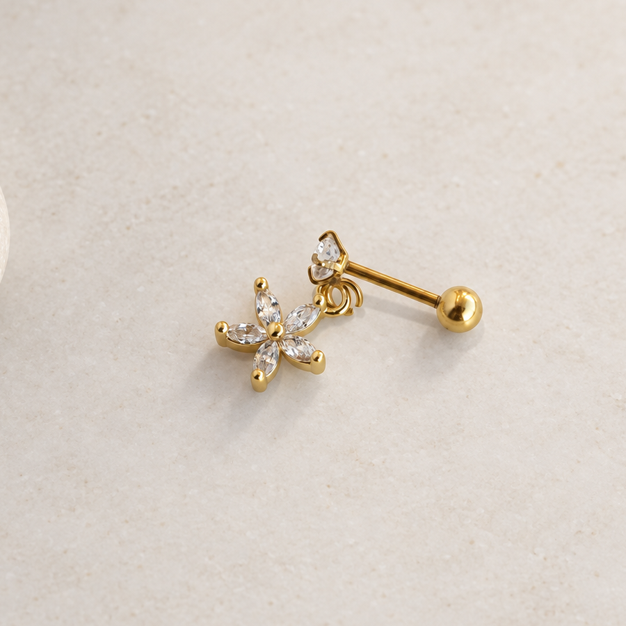 Flower Dangle Piercing Stud, 18G, 6mm, Gold or Silver, Single