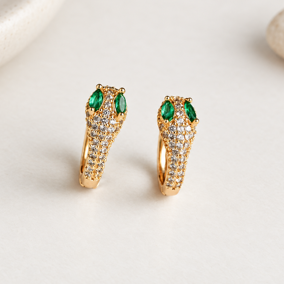 Green-Eyed Snake Hoop Earrings, 12mm, Gold or Silver, Pair