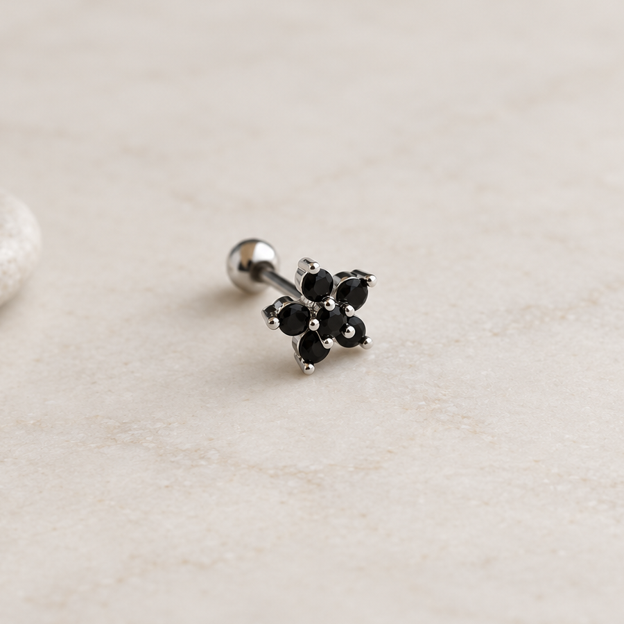 Black Flower Piercing Stud, 18G, 7mm, Single