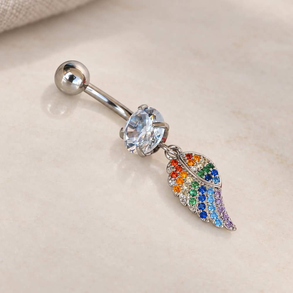 Angel Wing Belly Bar, 14G, 10mm, 316L Stainless Steel, Single