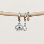 Evil Eye 3 Dangle Stud Earring Set, Silver, Set of 3