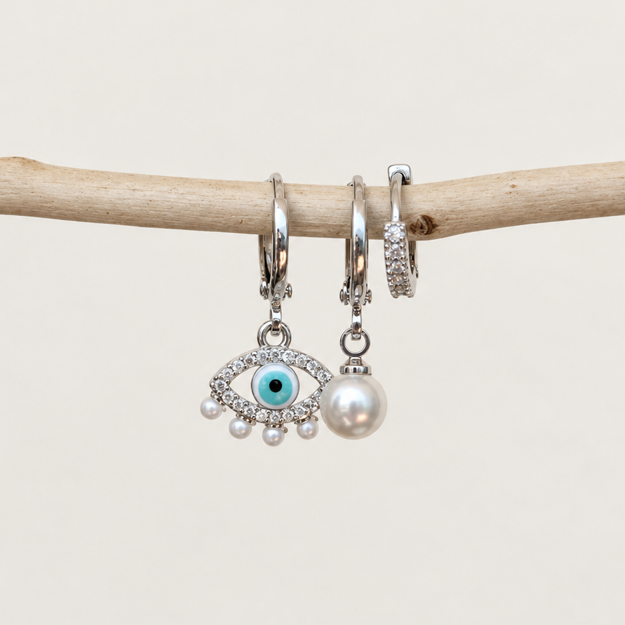 Evil Eye 3 Dangle Stud Earring Set, Silver, Set of 3