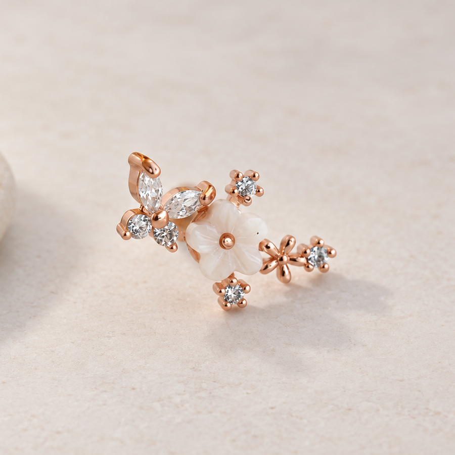 Magnolia Flower Rose Piercing Stud, 18G, 6mm, Gold, Silver or Rose, Single