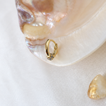 Side view of a gold-coloured clear-stone hoop resting on an iridescent shell.