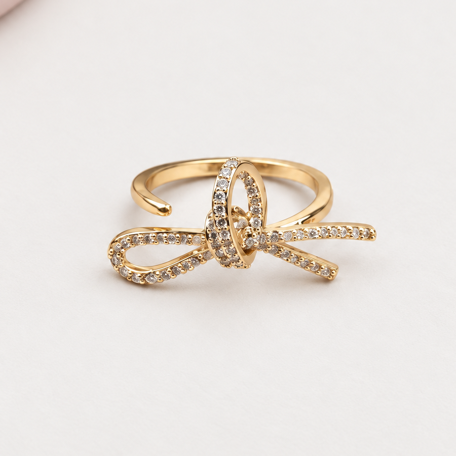 Bow Zircon Adjustable Ring, 16-20mm, Gold or Silver, Single