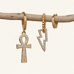 Lightning Bolt, Cross and Flower Earring Set, Gold, Set of 3