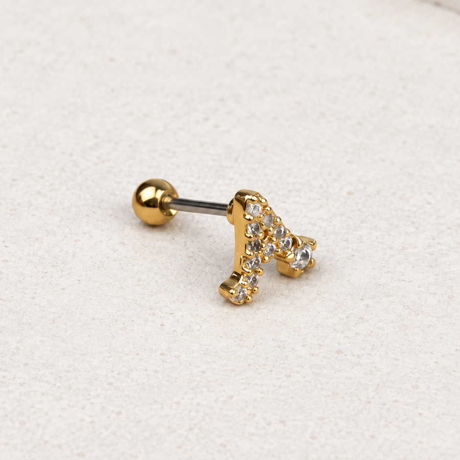 Zircon Initial Piercing Stud, 8mm, Gold, Single